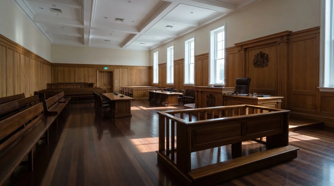 Sala de tribunal vazia com painéis de madeira, à luz da manhã — 1 euro casino em portugal