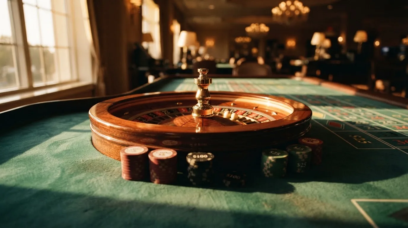 Roda de roleta e fichas sobre feltro verde, sob uma luz quente de fim de tarde — 1 euro casino em portugal