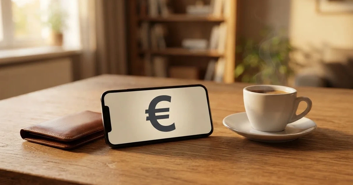 Telemóvel numa mesa de madeira ao lado de uma carteira e de uma chávena de café — 1 euro casino em portugal
