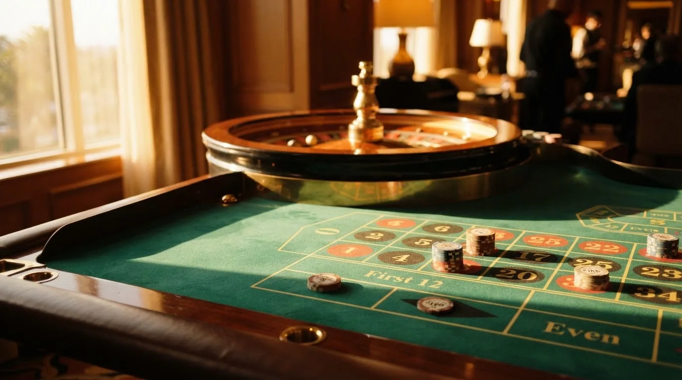 Roda de roleta e fichas sobre feltro verde, sob uma luz quente de fim de tarde — 10 euro casino em portugal