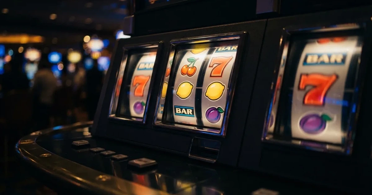 Rolos luminosos de uma slot machine numa sala escura, em grande plano — 10 euro casino em portugal