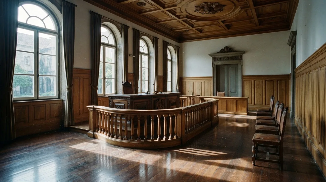 Sala de tribunal vazia com painéis de madeira, à luz da manhã — 20 euro casino em portugal