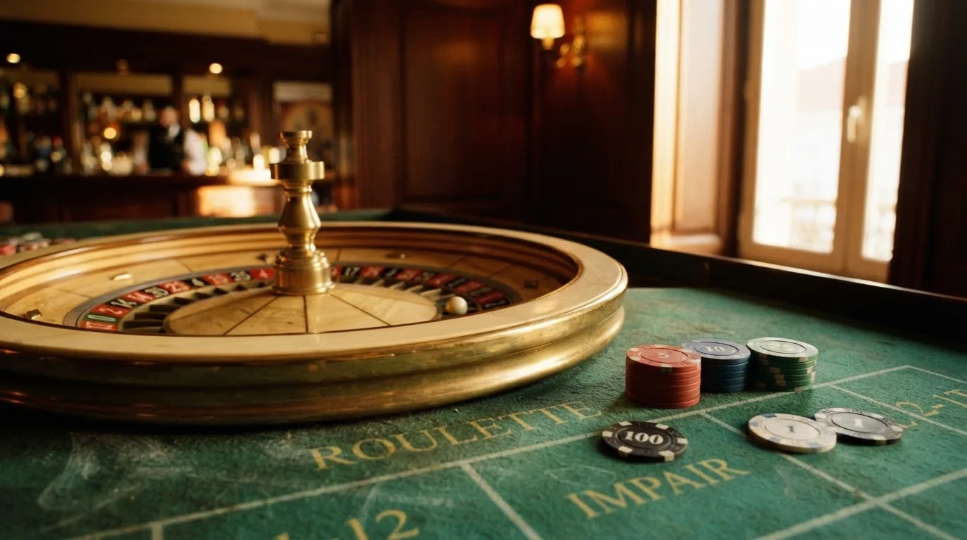 Roda de roleta e fichas sobre feltro verde, sob uma luz quente de fim de tarde — 20 euro casino em portugal