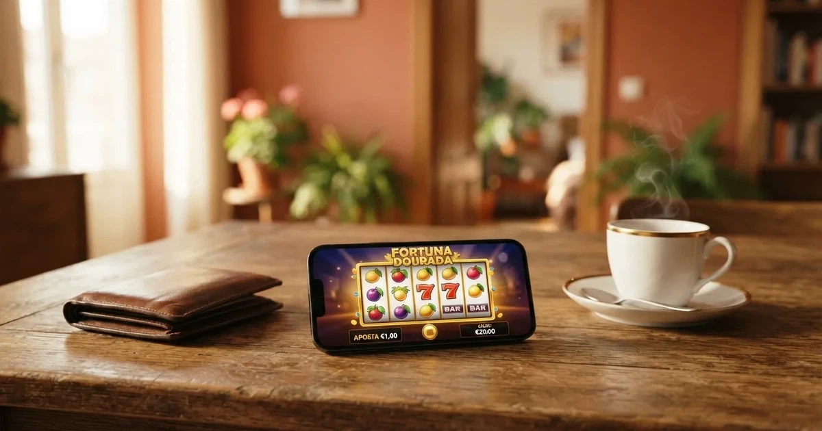 Telemóvel numa mesa de madeira ao lado de uma carteira e de uma chávena de café — 20 euro casino em portugal