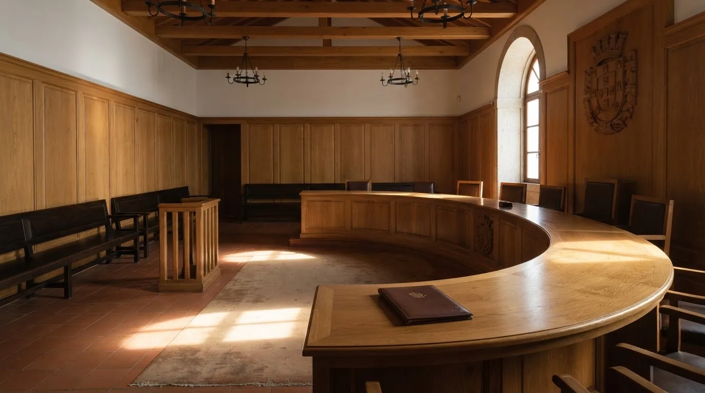 Sala de tribunal vazia com painéis de madeira, à luz da manhã — 5 euro casino em portugal