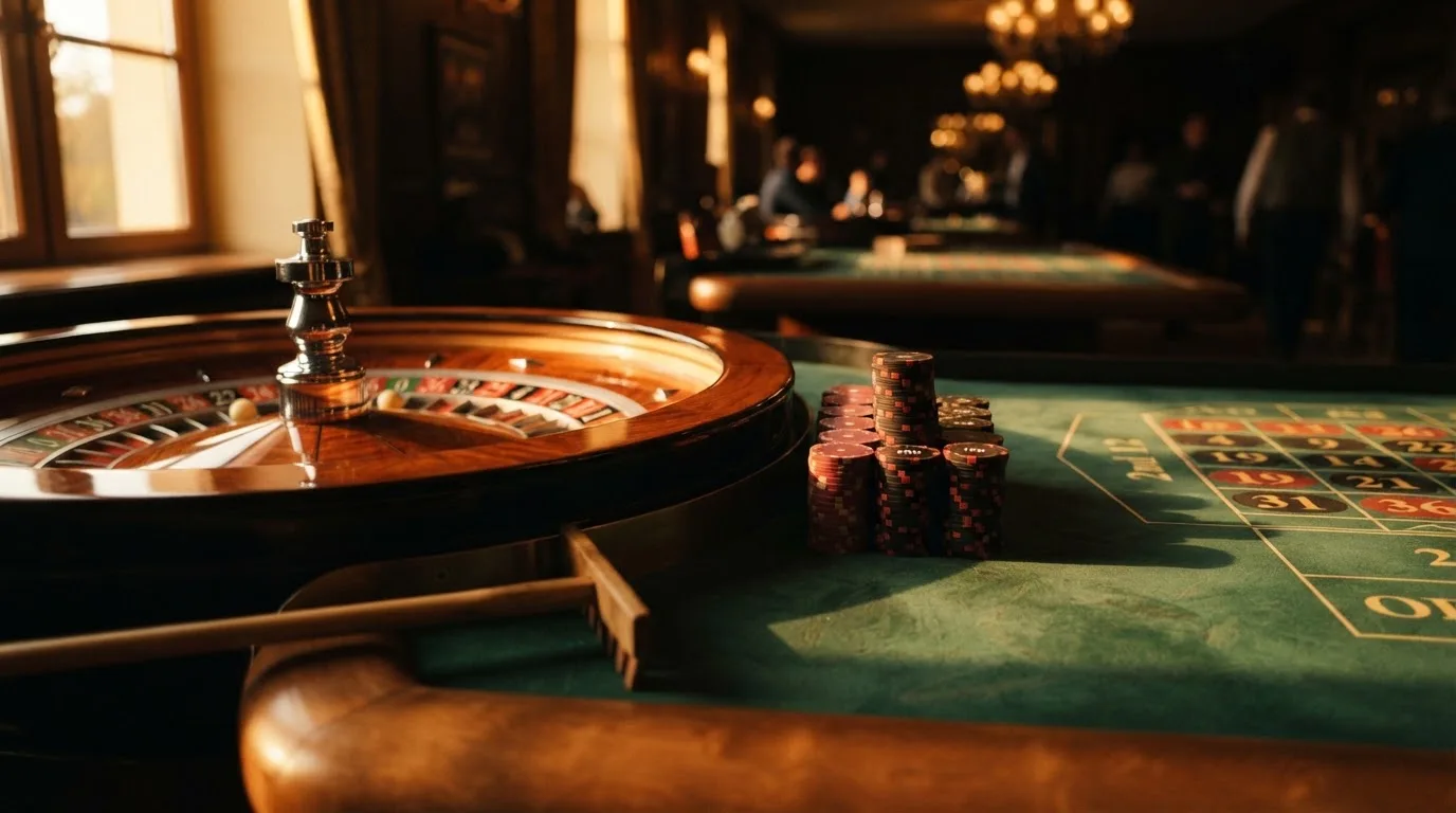 Roda de roleta e fichas sobre feltro verde, sob uma luz quente de fim de tarde — 5 euro casino em portugal