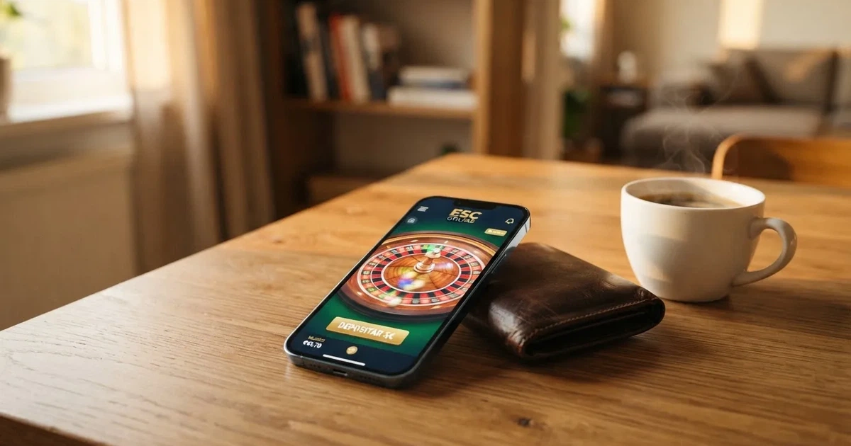 Telemóvel numa mesa de madeira ao lado de uma carteira e de uma chávena de café — 5 euro casino em portugal