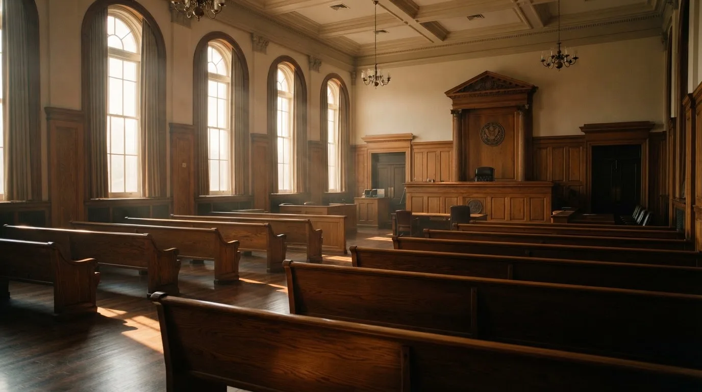 Sala de tribunal vazia com painéis de madeira, à luz da manhã — blackjack ao vivo em portugal