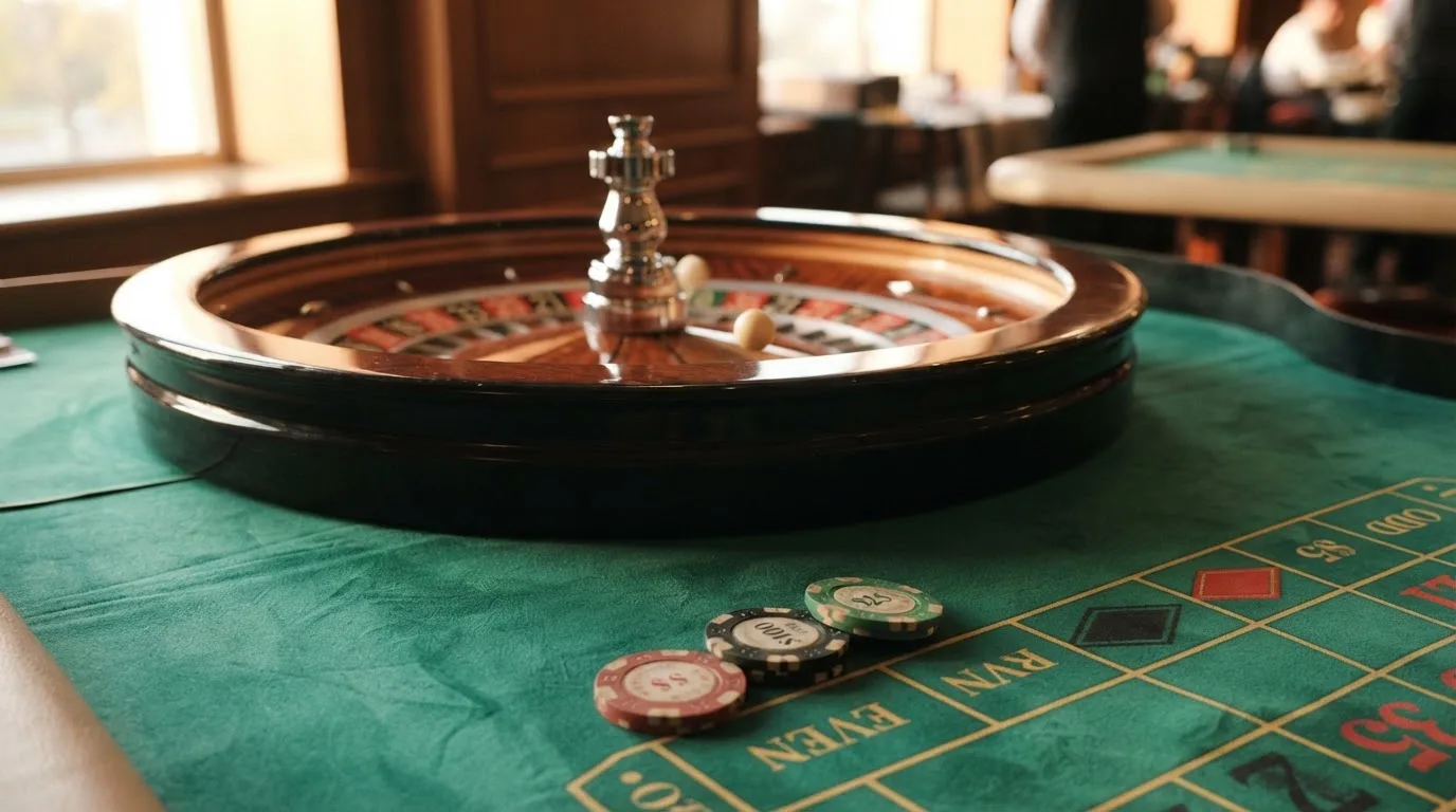 Roda de roleta e fichas sobre feltro verde, sob uma luz quente de fim de tarde — blackjack ao vivo em portugal