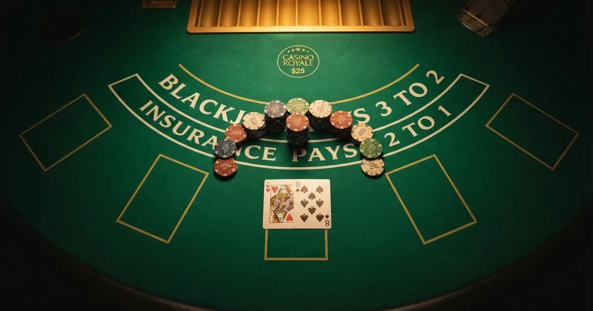 Mesa de jogo iluminada com cartas, vista de cima — blackjack ao vivo em portugal