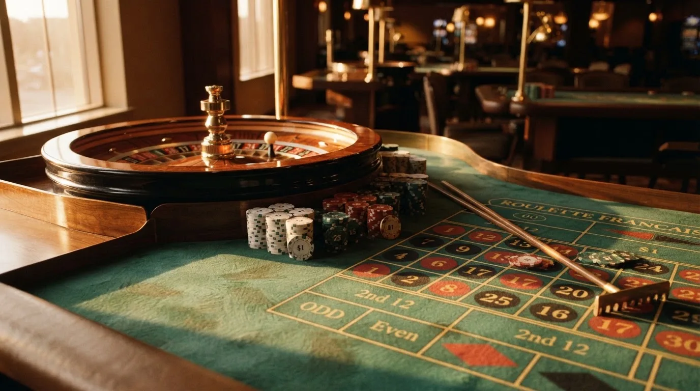 Roda de roleta e fichas sobre feltro verde, sob uma luz quente de fim de tarde — blackjack casinos em portugal