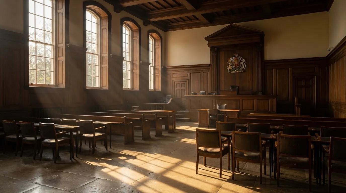 Sala de tribunal vazia com painéis de madeira, à luz da manhã — blackjack online casino em portugal
