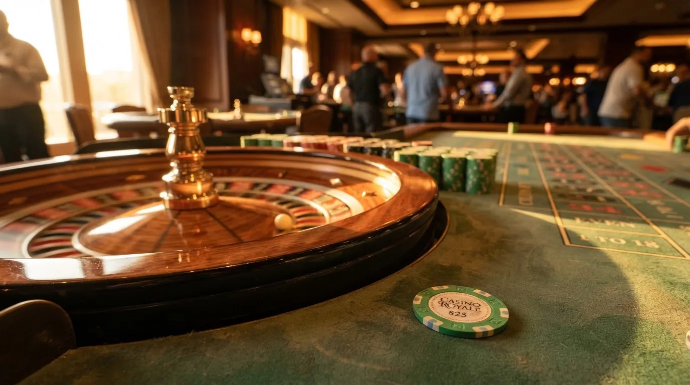 Roda de roleta e fichas sobre feltro verde, sob uma luz quente de fim de tarde — blackjack online casino em portugal
