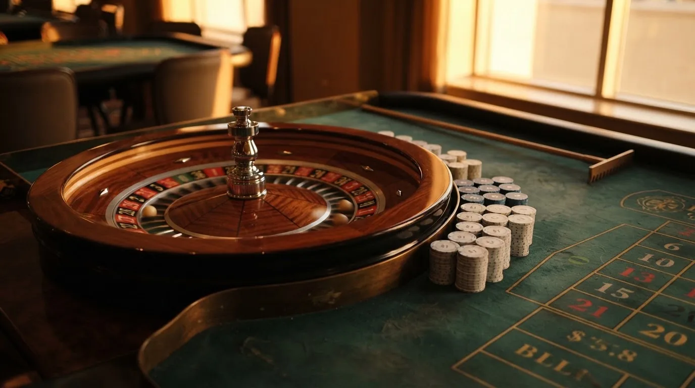 Roda de roleta e fichas sobre feltro verde, sob uma luz quente de fim de tarde — caça-níqueis em casinos portugueses