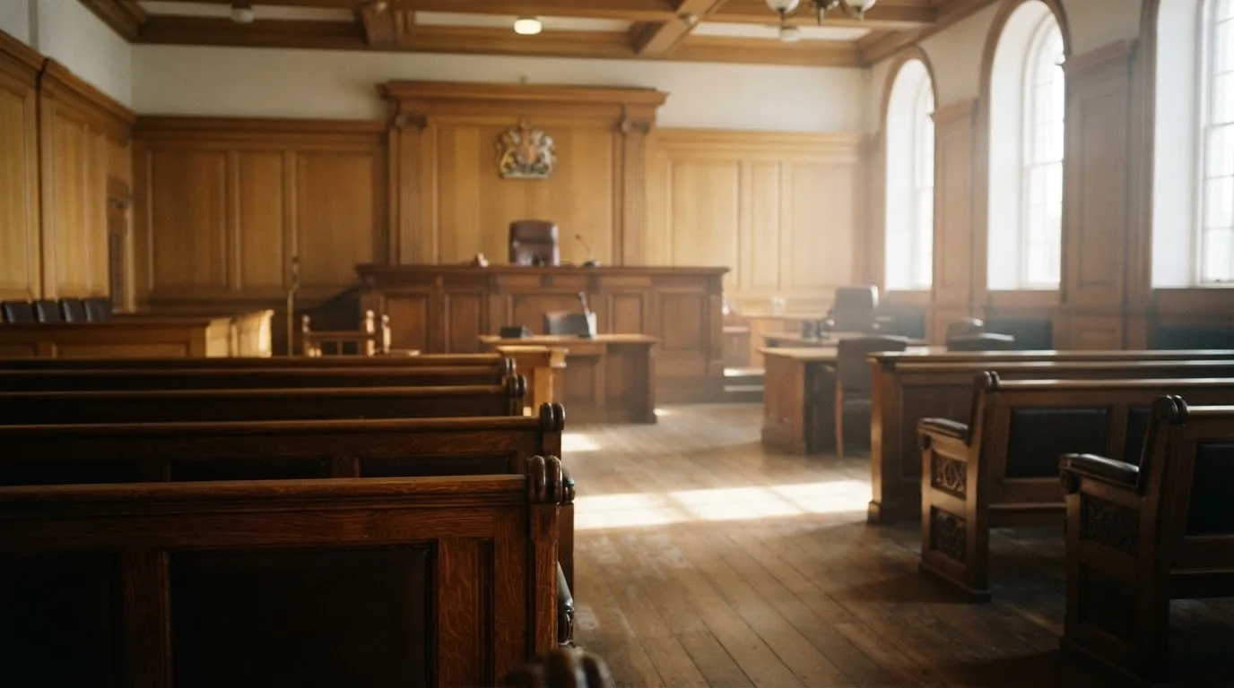 Sala de tribunal vazia com painéis de madeira, à luz da manhã — caça-níqueis grátis em portugal