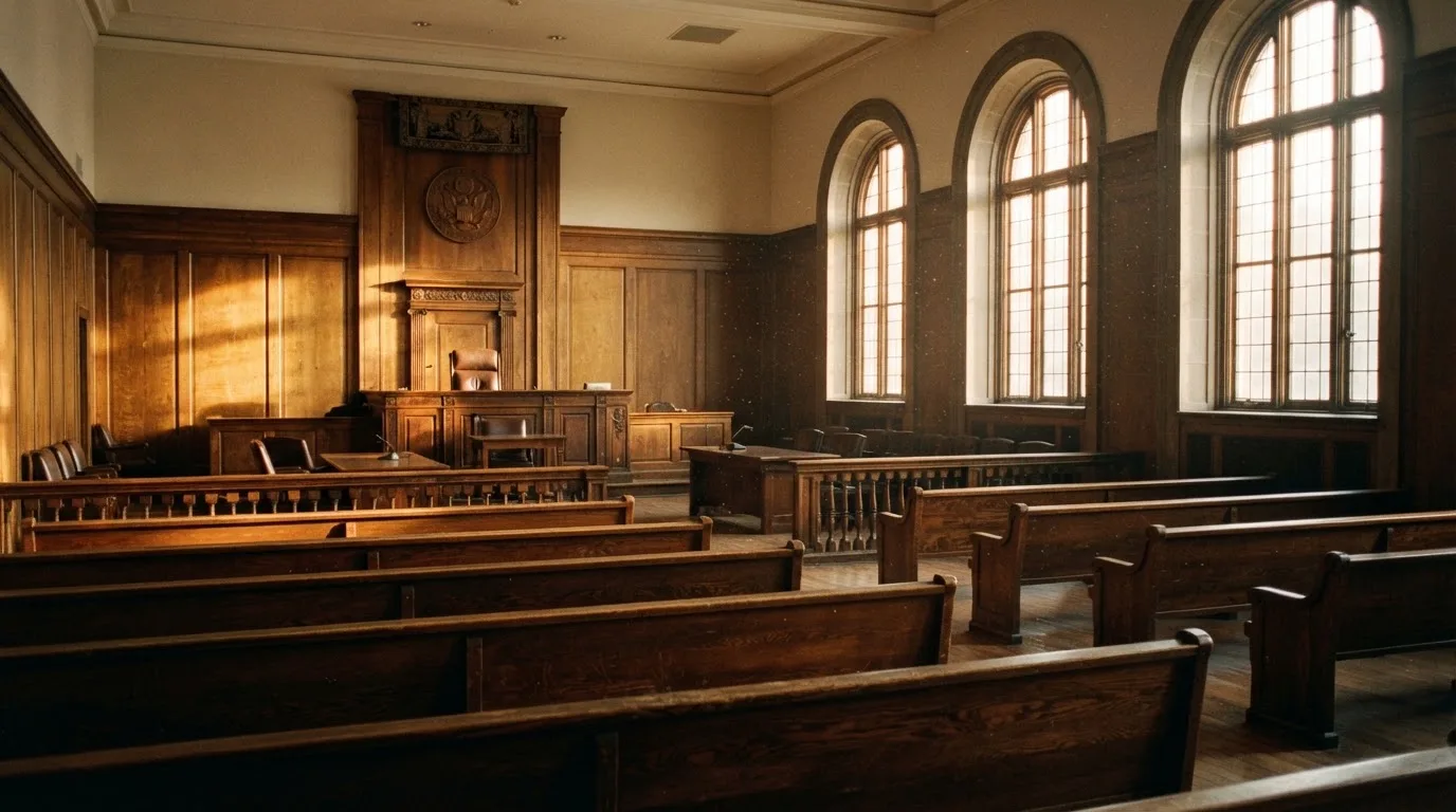 Sala de tribunal vazia com painéis de madeira, à luz da manhã — casino apostas em portugal