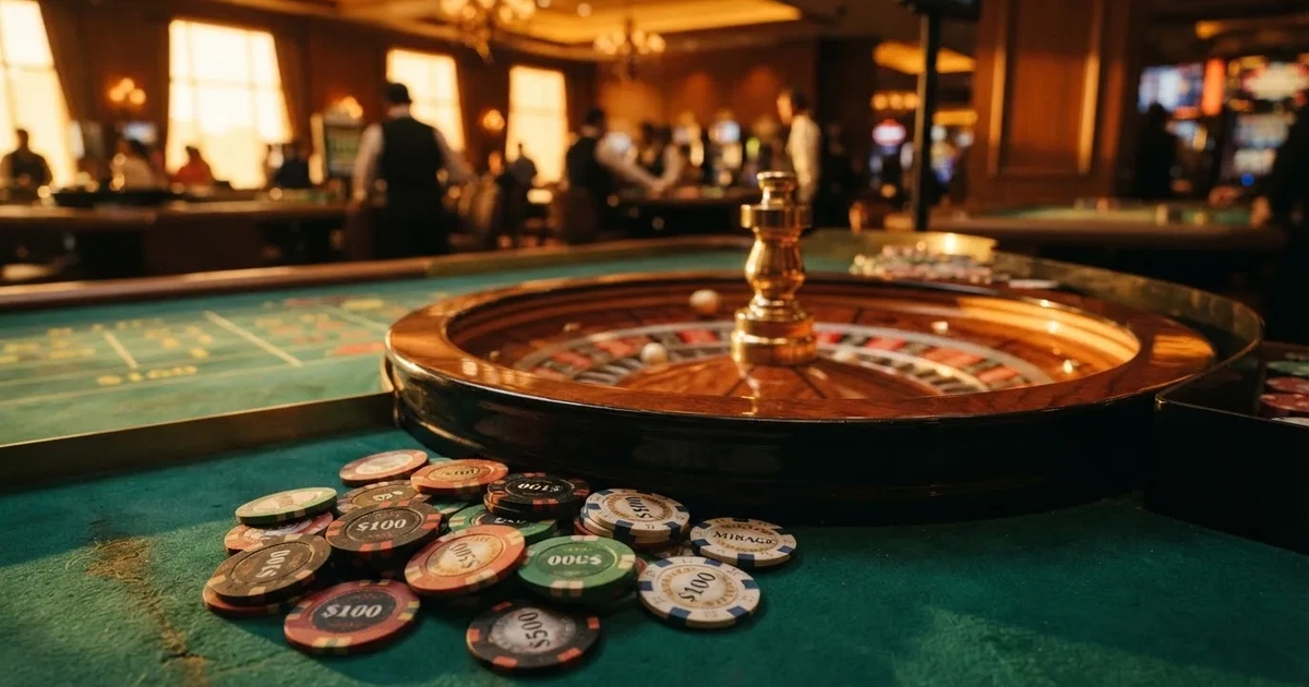 Roda de roleta e fichas sobre feltro verde, sob uma luz quente de fim de tarde — casino apostas em portugal