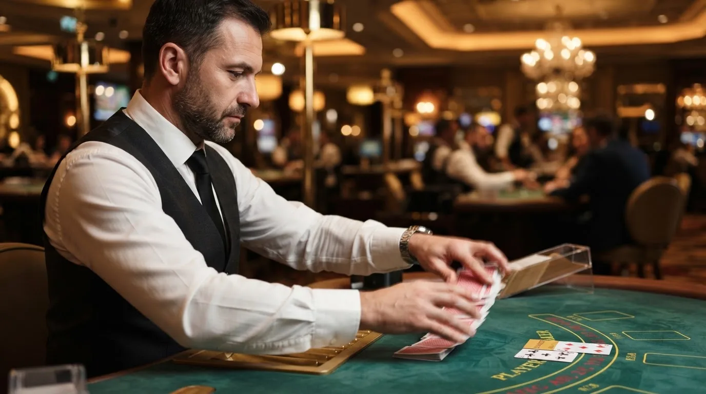 Croupier de gravata a baralhar cartas com destreza, vista lateral, fundo desfocado de um salão de casino em Portugal.