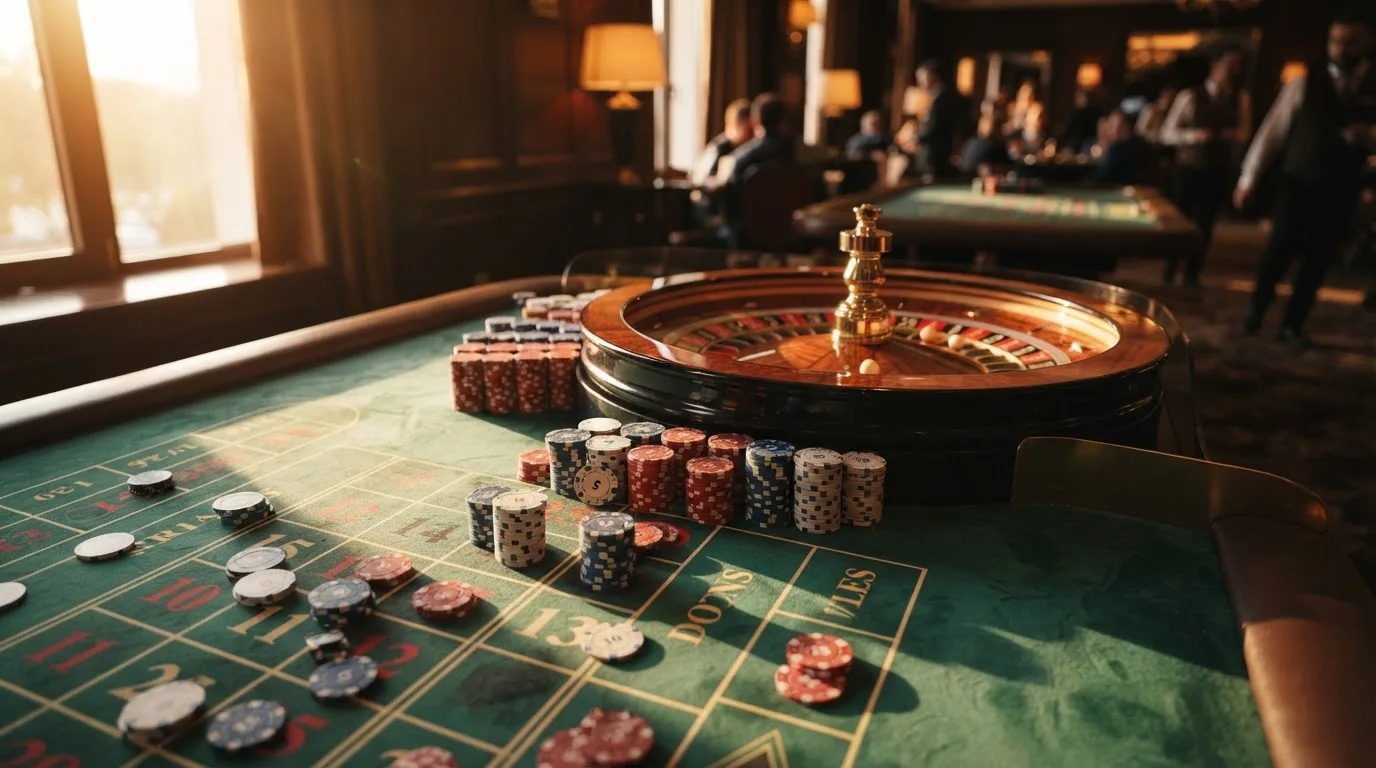 Roda de roleta e fichas sobre feltro verde, sob uma luz quente de fim de tarde — casino com bingo em portugal