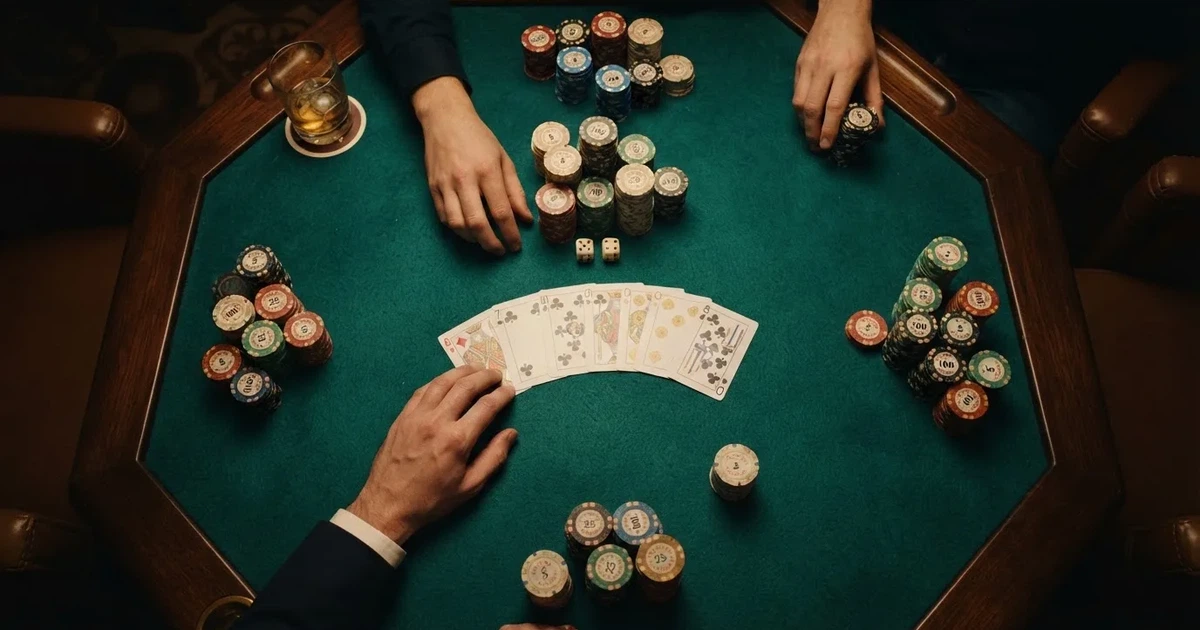 Mesa de jogo iluminada com cartas, vista de cima — casino com bingo em portugal