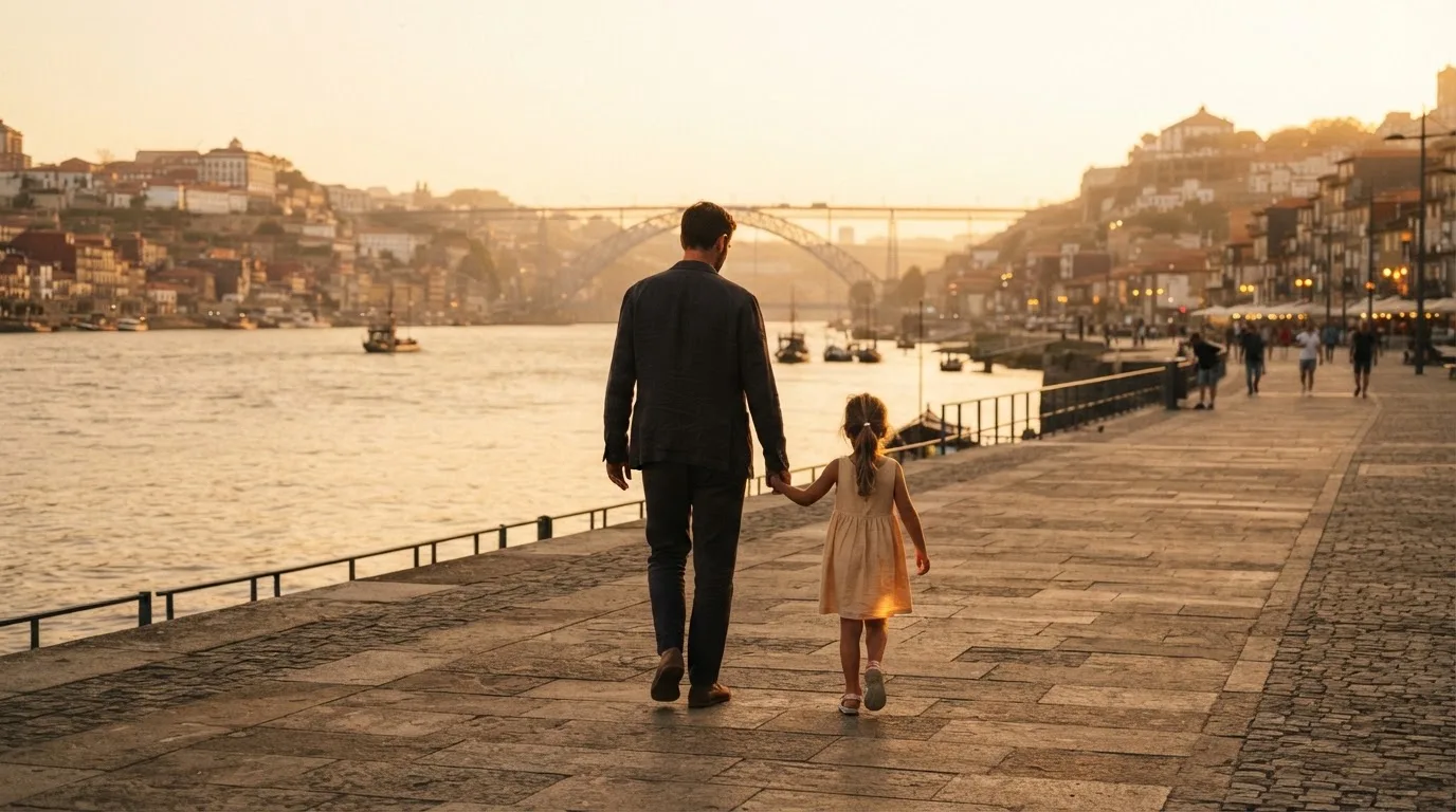 Pai e filha a passear num passeio junto ao rio Douro, de costas, com o fim de tarde a dourar a água.