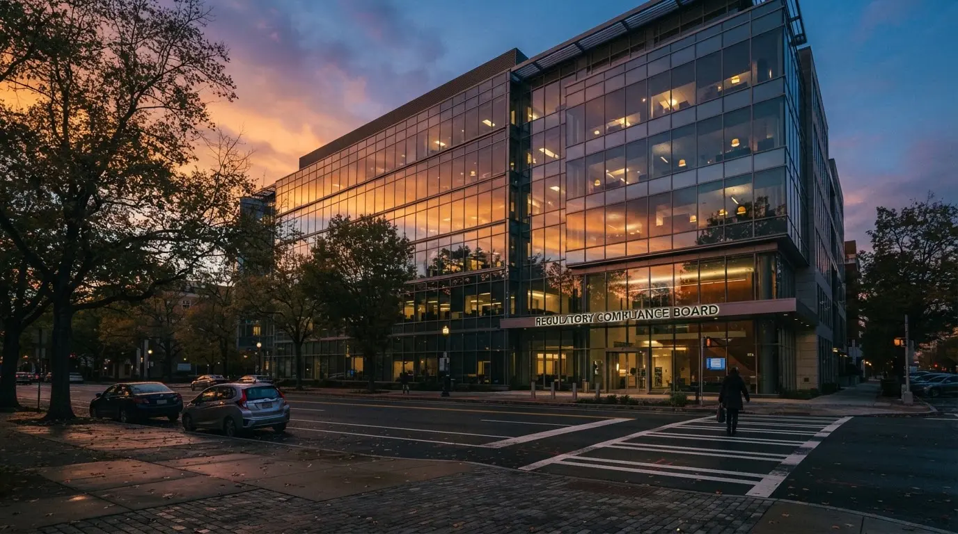 Edifício de escritórios com fachada de vidro ao entardecer, reflexo do céu cor-de-laranja e uma rua tranquila em primeiro plano.