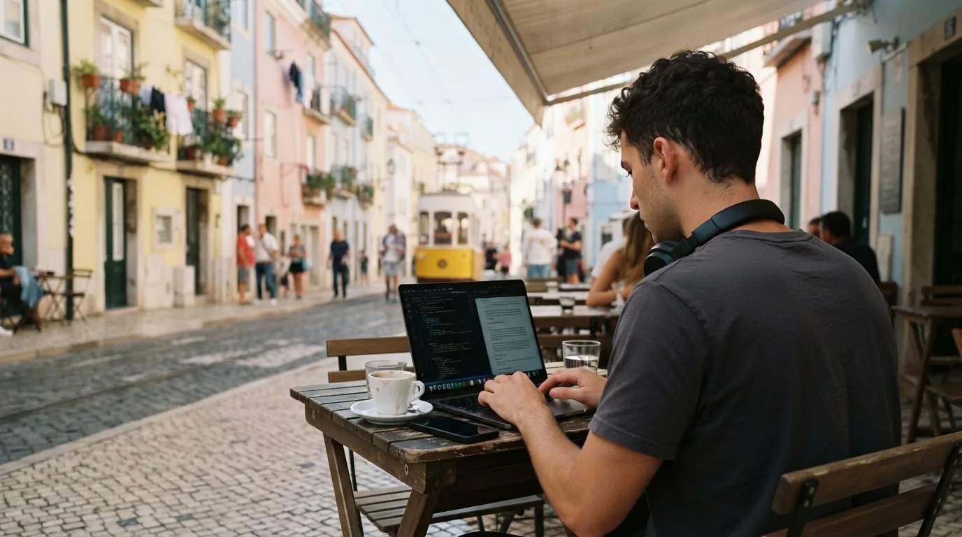 Jovem a trabalhar num café com portátil e auscultadores ao pescoço, esplanada de Lisboa ao fundo, luz suave.