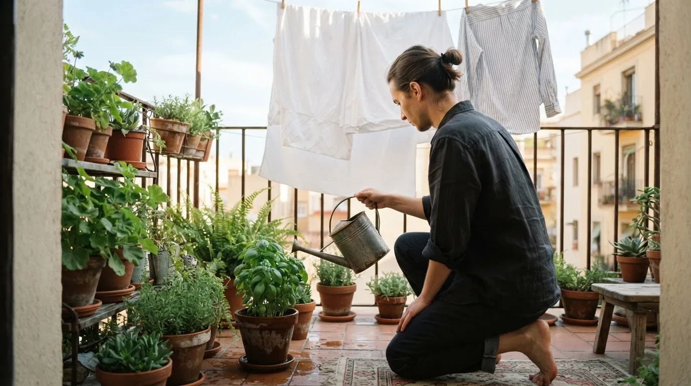 Pessoa a regar plantas numa varanda com roupa estendida ao fundo, ambiente doméstico tranquilo e luz da manhã.