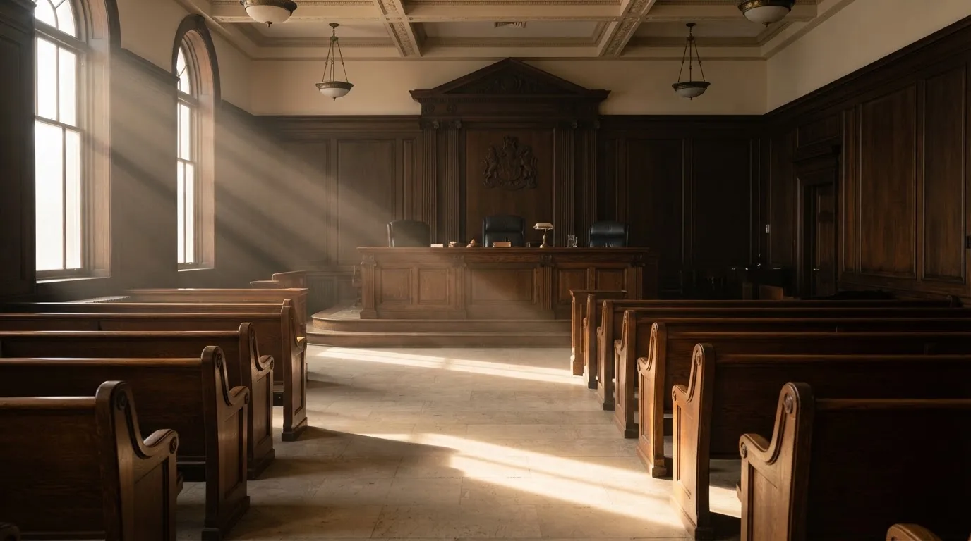 Sala de tribunal vazia com painéis de madeira, à luz da manhã — casino com bônus no cadastro pt