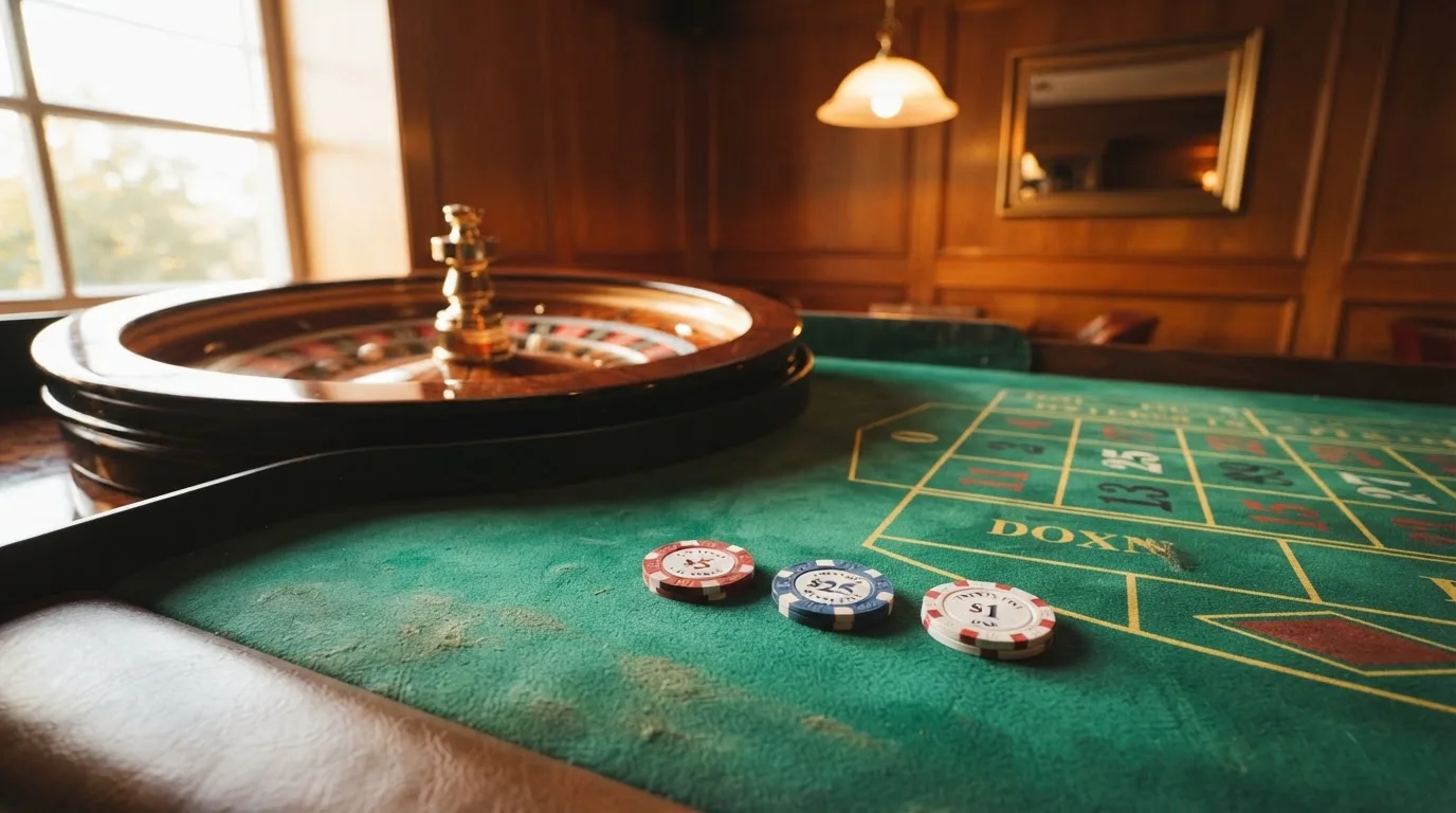 Roda de roleta e fichas sobre feltro verde, sob uma luz quente de fim de tarde — casino com bônus no cadastro pt