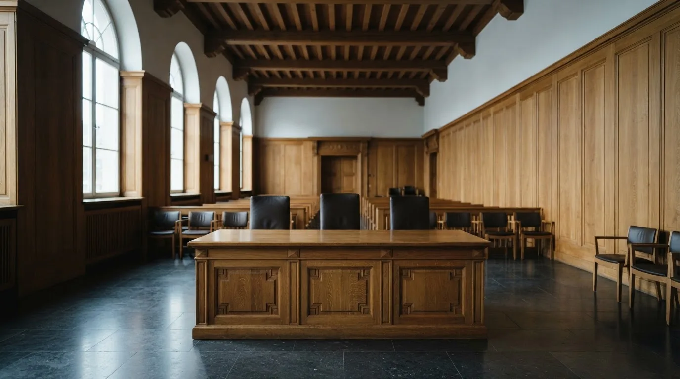 Sala de tribunal vazia com painéis de madeira, à luz da manhã — casino com dinheiro em portugal