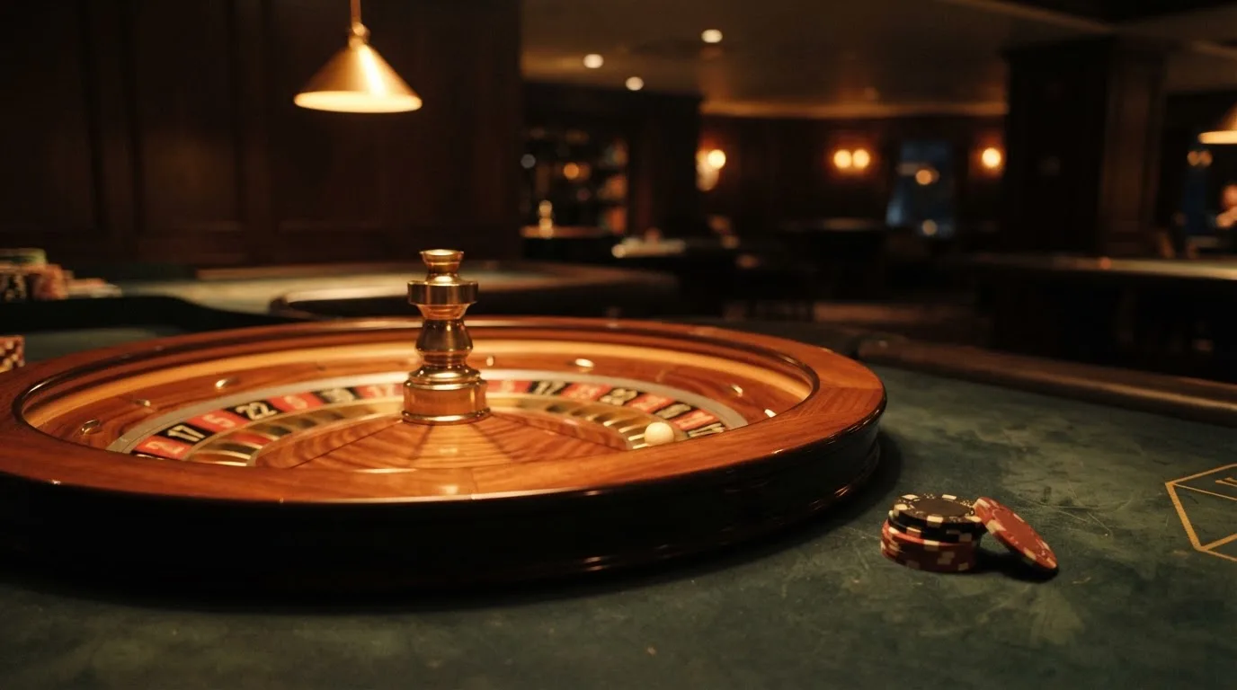 Roda de roleta e fichas sobre feltro verde, sob uma luz quente de fim de tarde — casino com dinheiro em portugal