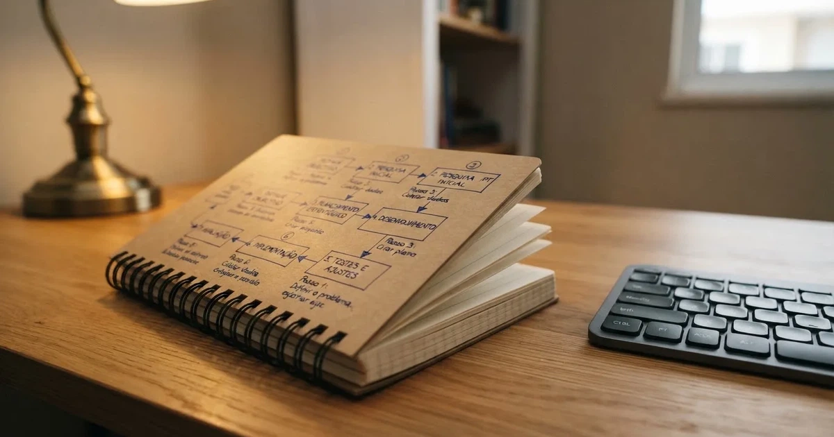 Caderno com um esboço passo a passo ao lado de um teclado — casino com dinheiro em portugal