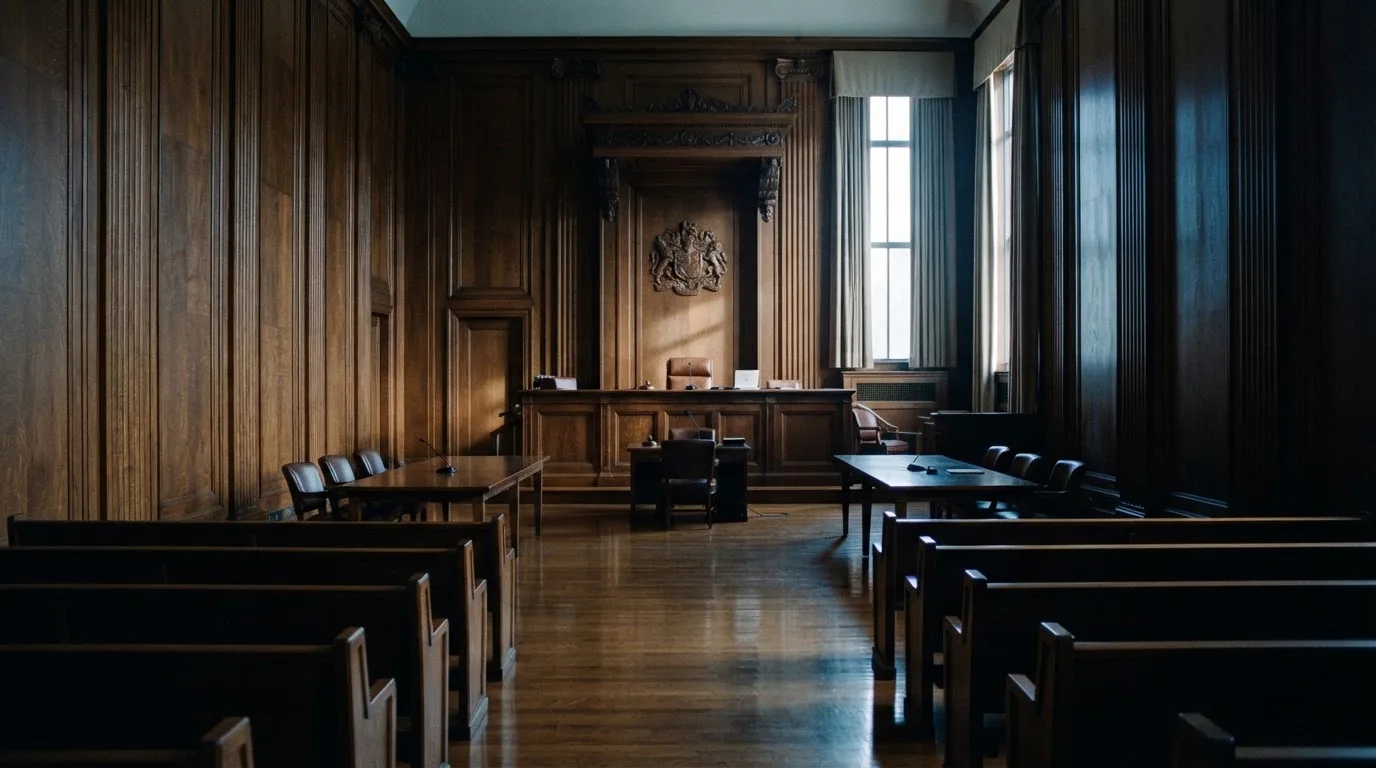 Sala de tribunal vazia com painéis de madeira, à luz da manhã — casino com ethereum em portugal
