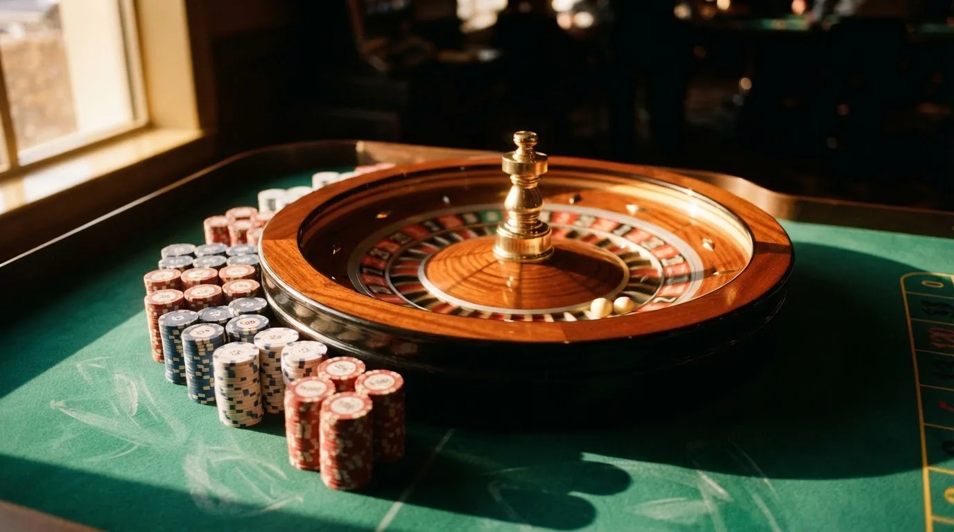 Roda de roleta e fichas sobre feltro verde, sob uma luz quente de fim de tarde — casino com ethereum em portugal