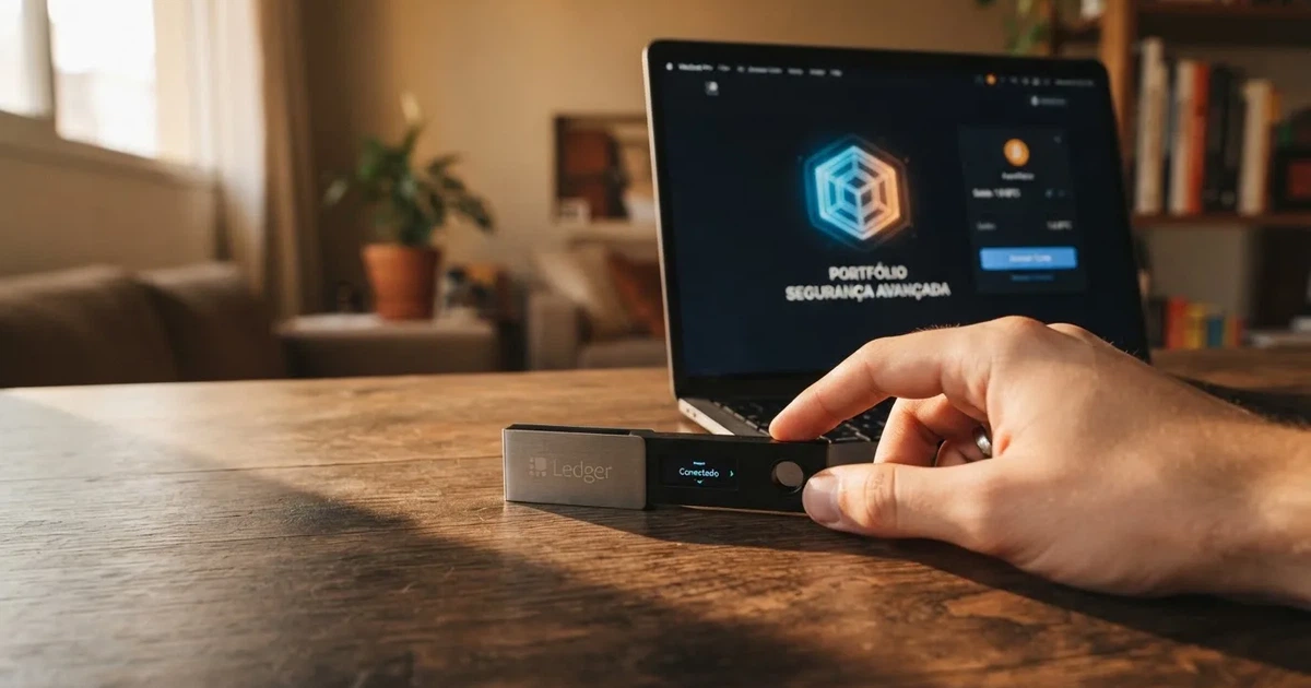 Carteira de hardware e computador portátil numa secretária, com luz suave — casino com ethereum em portugal