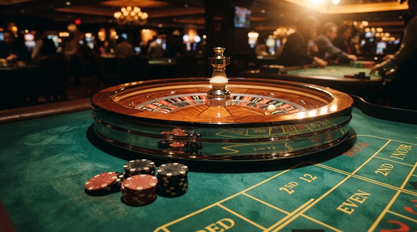 Roda de roleta e fichas sobre feltro verde, sob uma luz quente de fim de tarde — casino com free spins em portugal