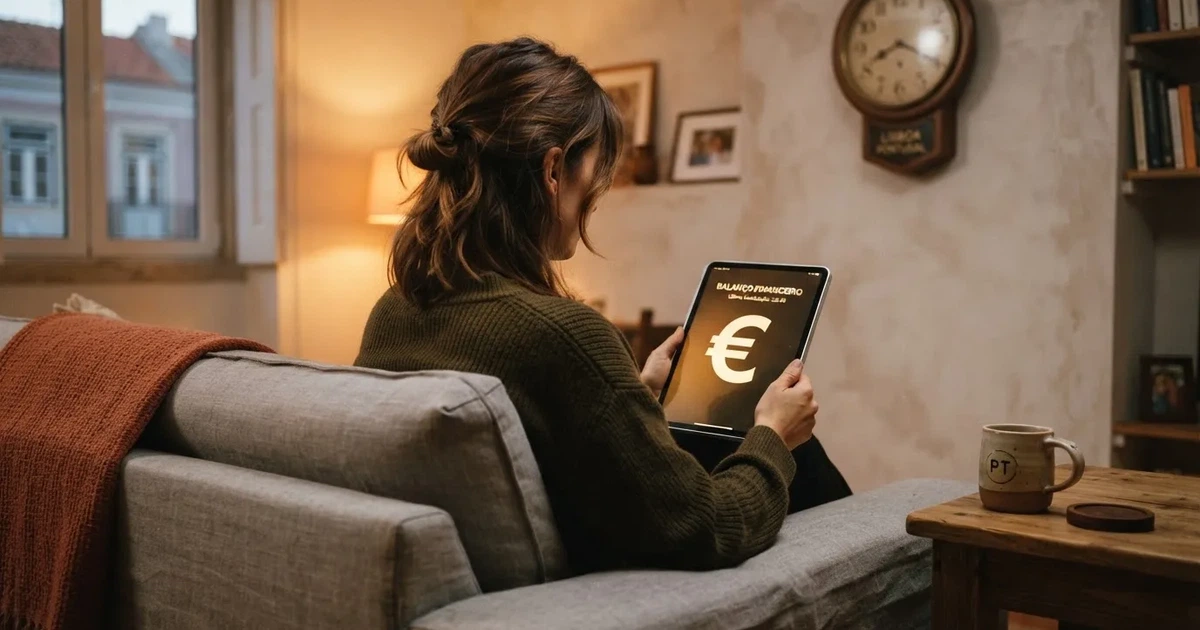 Pessoa num sofá a olhar pensativa para um tablet, com um relógio na parede atrás — casino com free spins em portugal