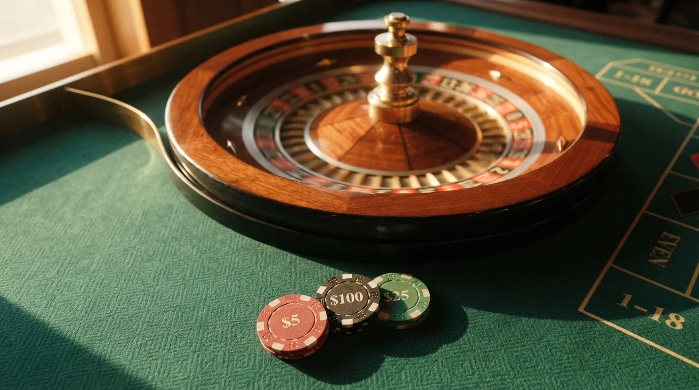 Roda de roleta e fichas sobre feltro verde, sob uma luz quente de fim de tarde — casino com grátis spins pt