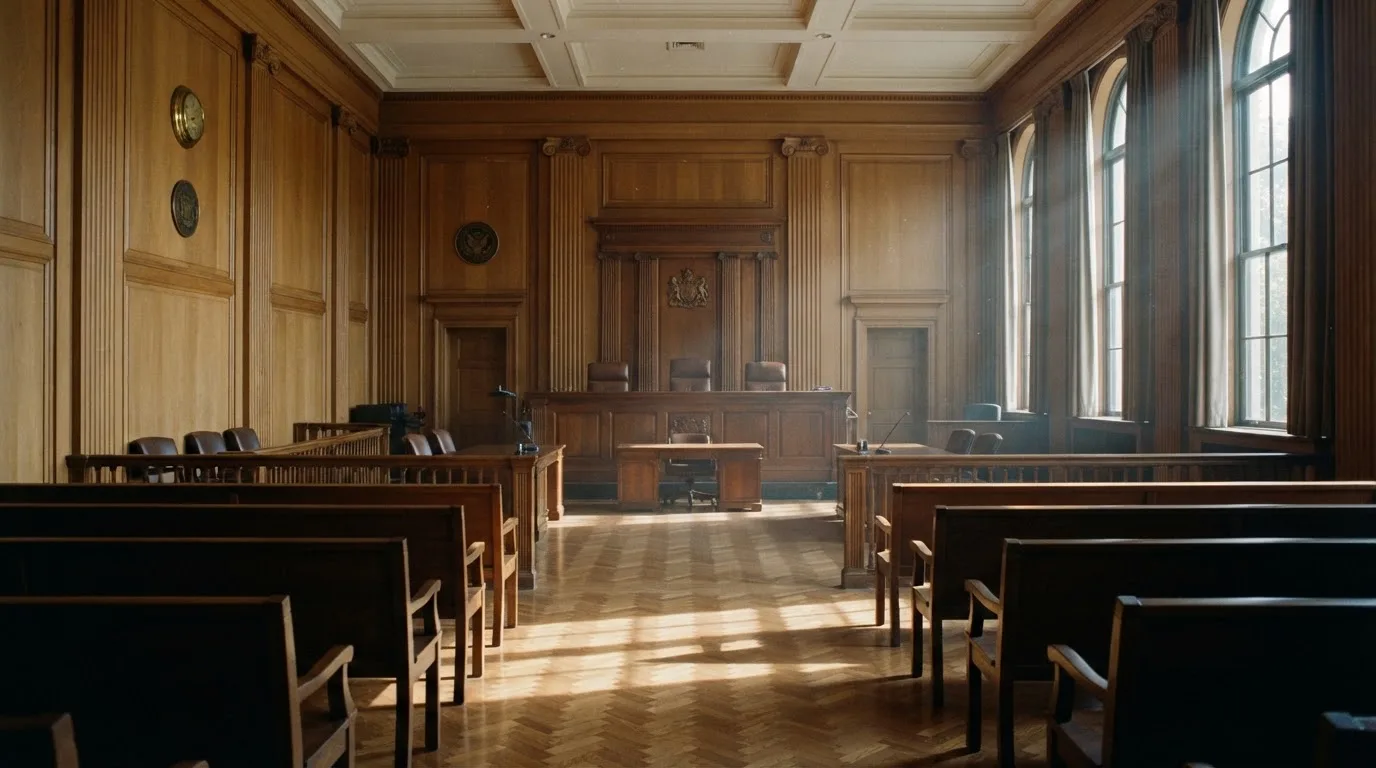Sala de tribunal vazia com painéis de madeira, à luz da manhã — casino com levantamento pt