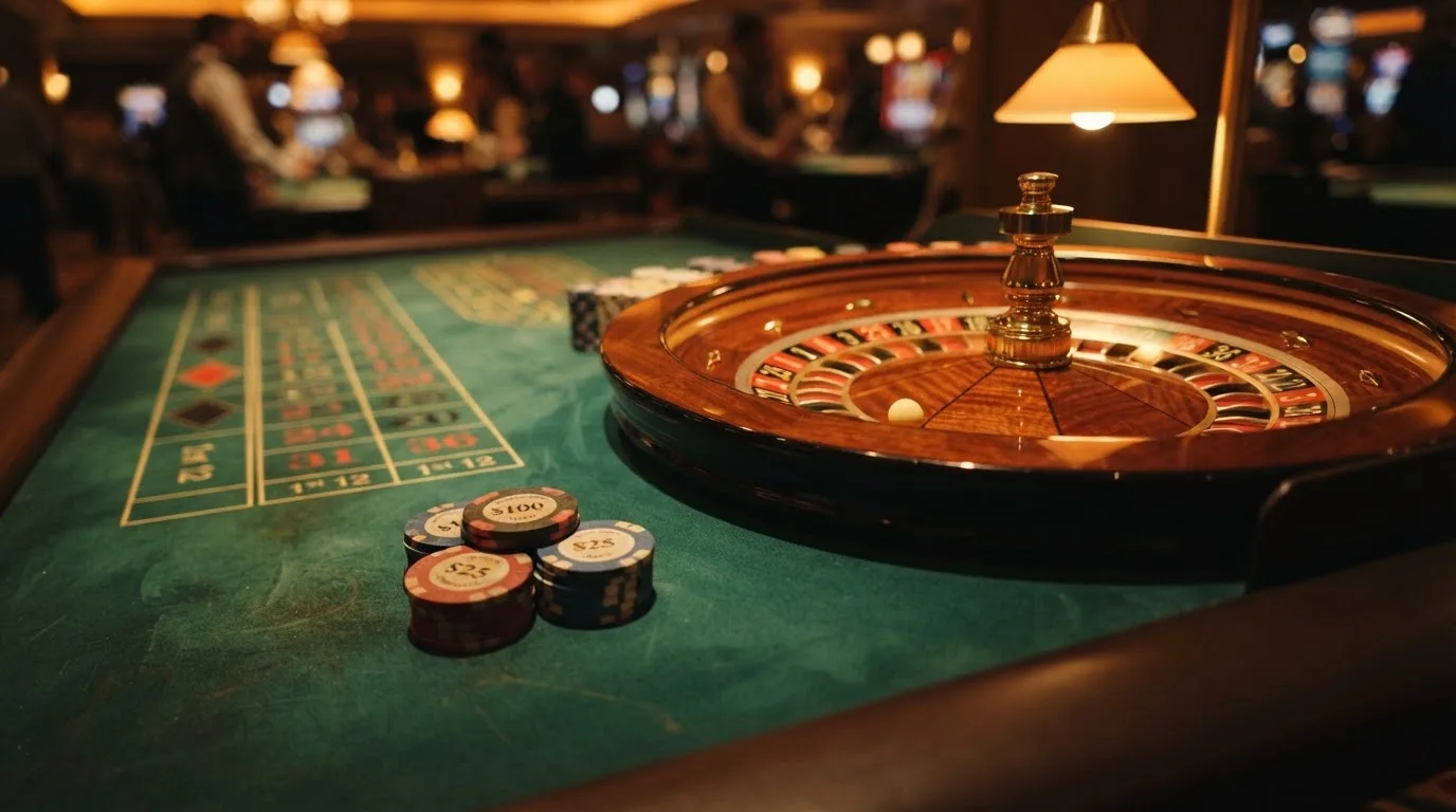 Roda de roleta e fichas sobre feltro verde, sob uma luz quente de fim de tarde — casino com levantamento pt