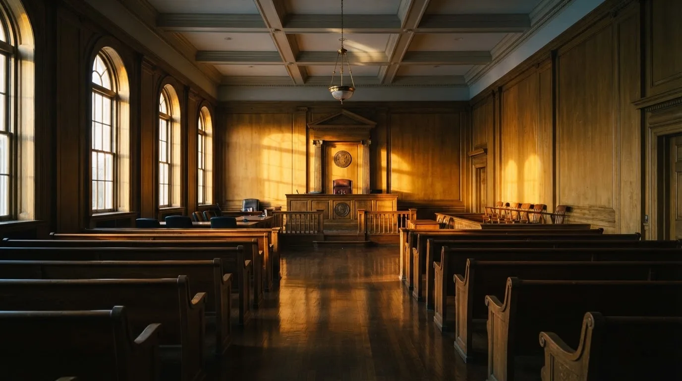 Sala de tribunal vazia com painéis de madeira, à luz da manhã — casino com litecoin em portugal