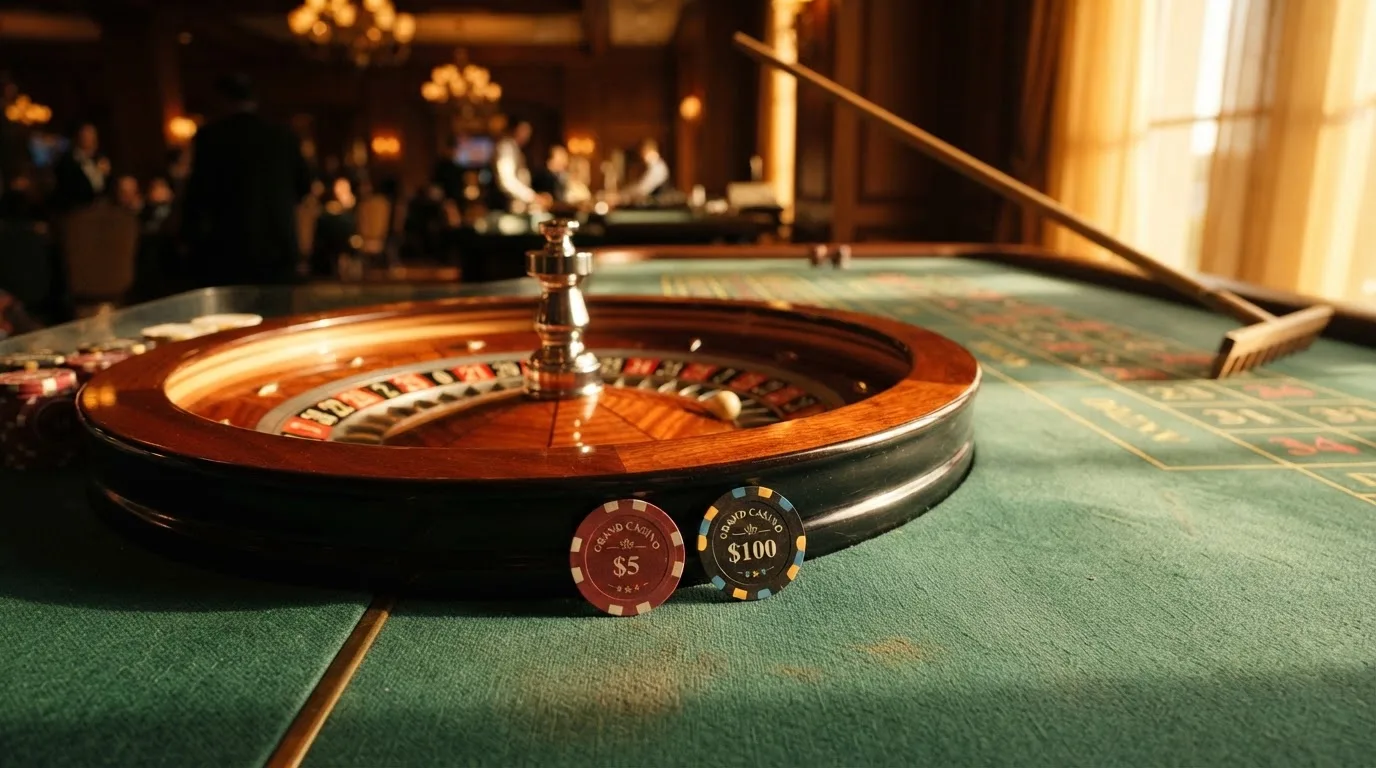 Roda de roleta e fichas sobre feltro verde, sob uma luz quente de fim de tarde — casino com litecoin em portugal