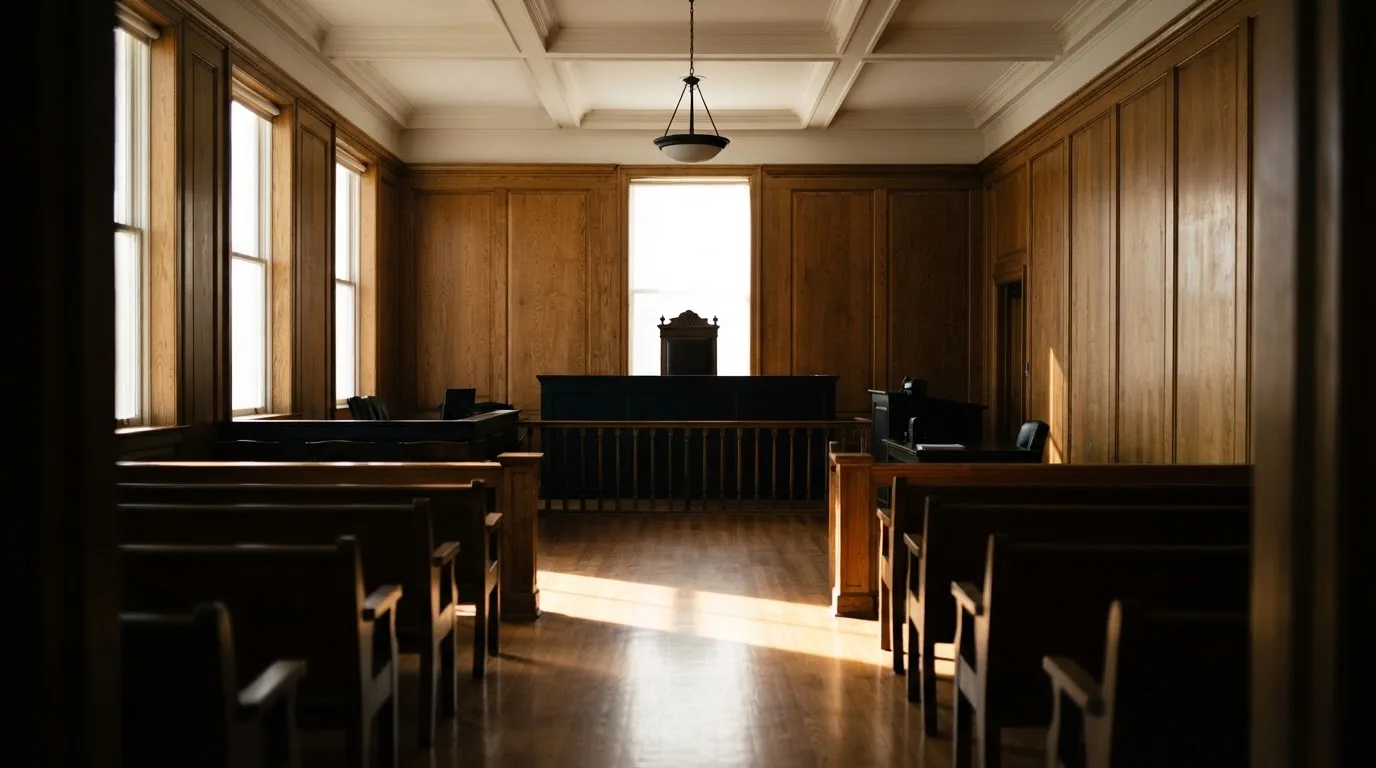 Sala de tribunal vazia com painéis de madeira, à luz da manhã — casino com solana em portugal