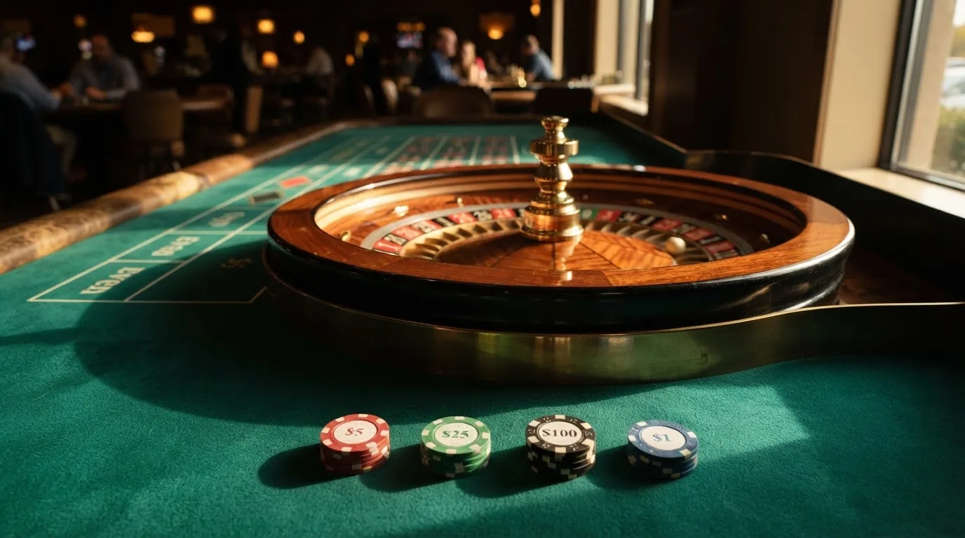 Roda de roleta e fichas sobre feltro verde, sob uma luz quente de fim de tarde — casino com solana em portugal