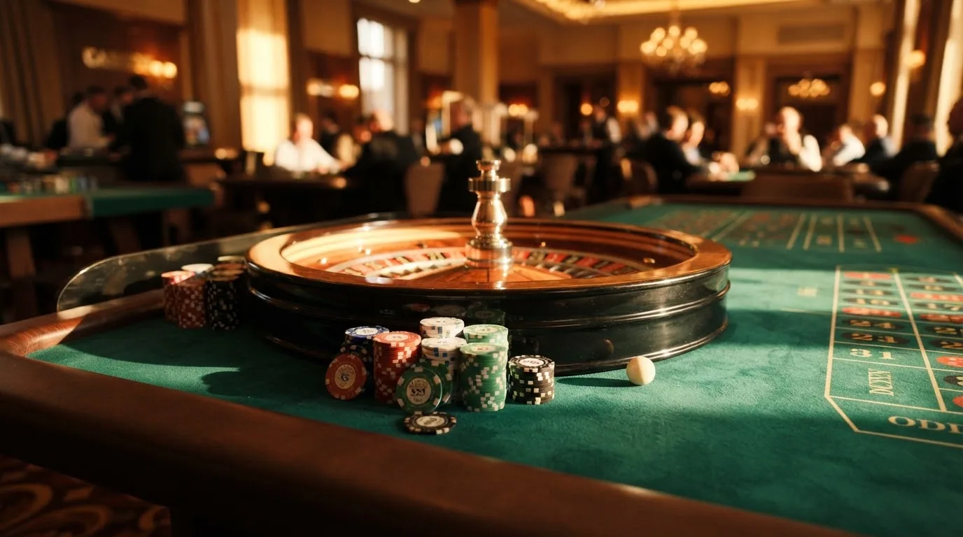 Roda de roleta e fichas sobre feltro verde, sob uma luz quente de fim de tarde — casino com tether em portugal
