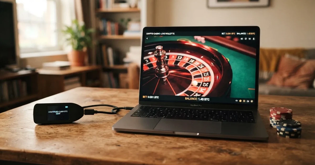 Carteira de hardware e computador portátil numa secretária, com luz suave — casino com tether em portugal