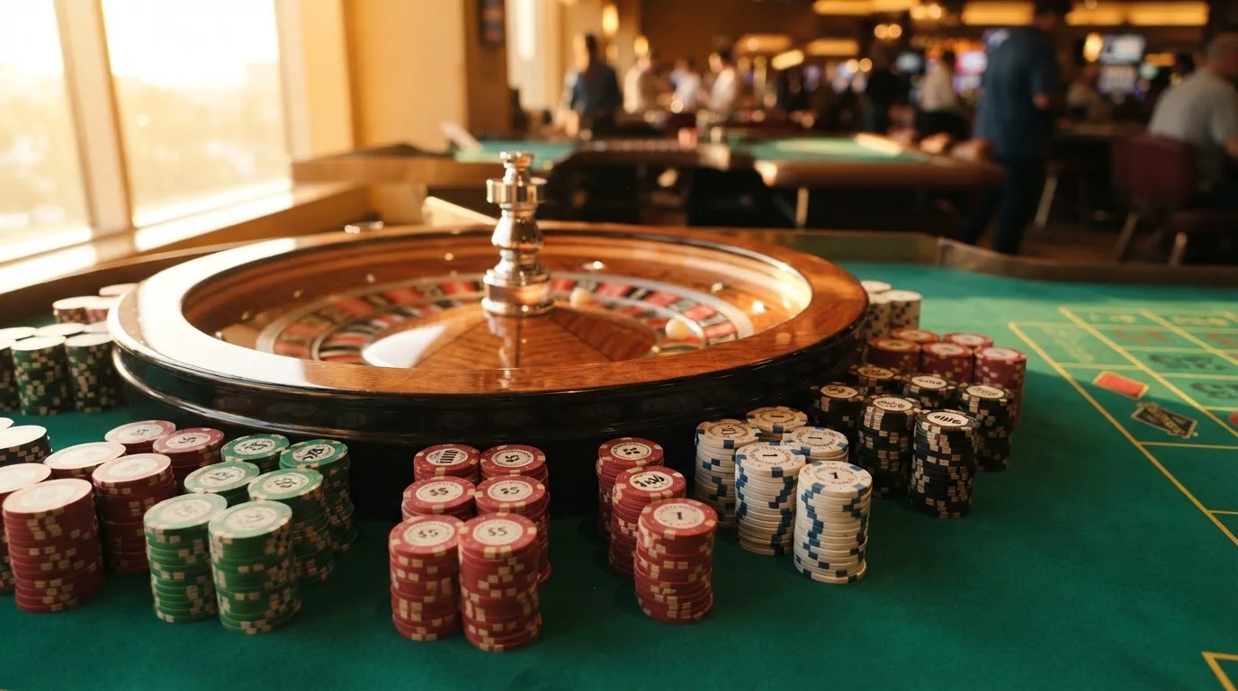 Roda de roleta e fichas sobre feltro verde, sob uma luz quente de fim de tarde — casino é confiável em portugal