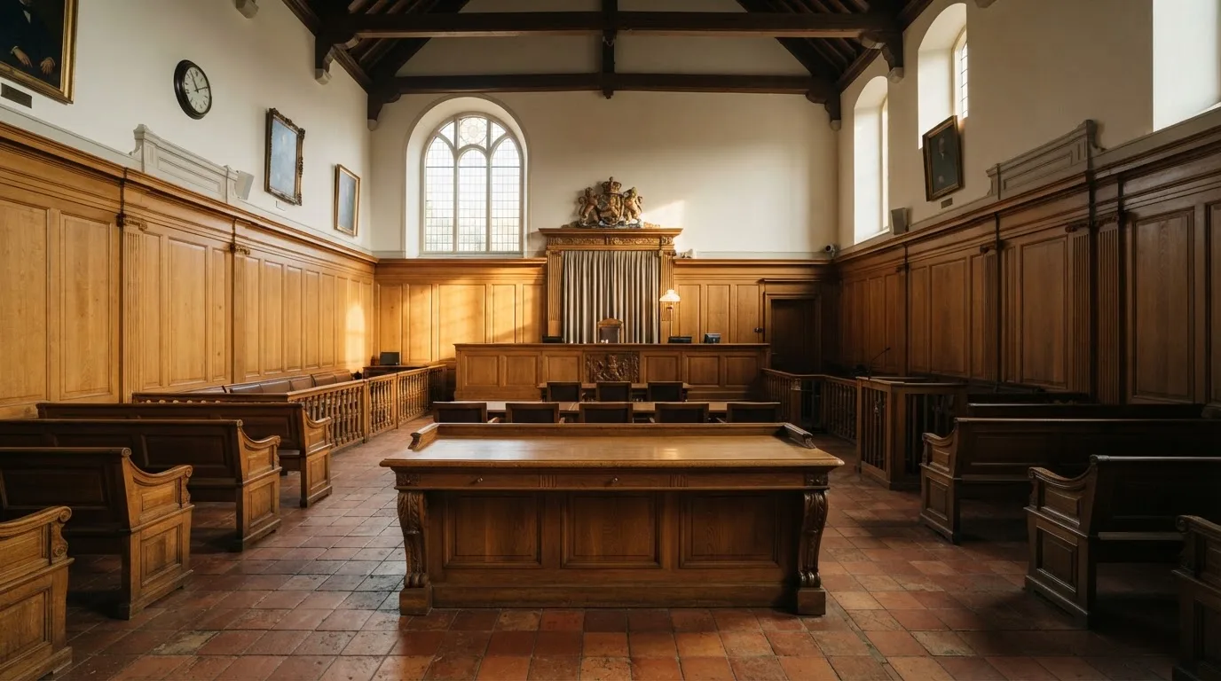 Sala de tribunal vazia com painéis de madeira, à luz da manhã — casino pagamentos em portugal