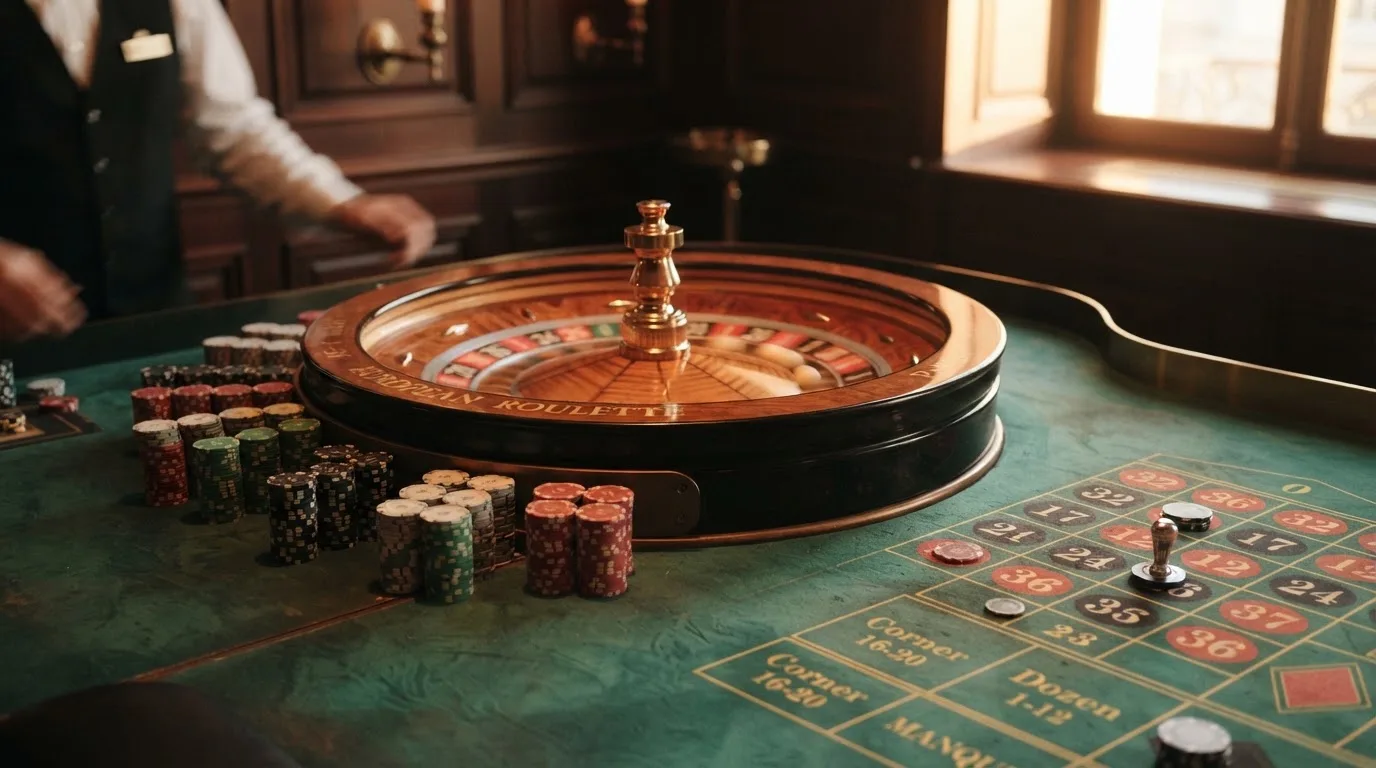 Roda de roleta e fichas sobre feltro verde, sob uma luz quente de fim de tarde — casino pagamentos em portugal